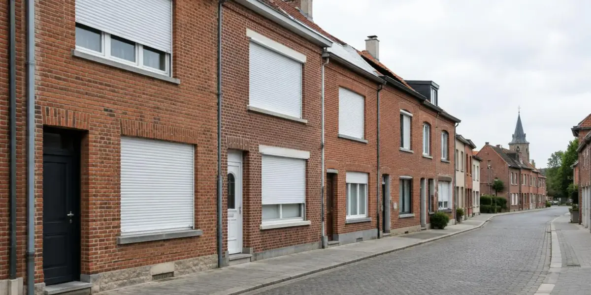 Rue de maisons de ville en briques rouges à volets roulants blancs, dans une petite ville belge