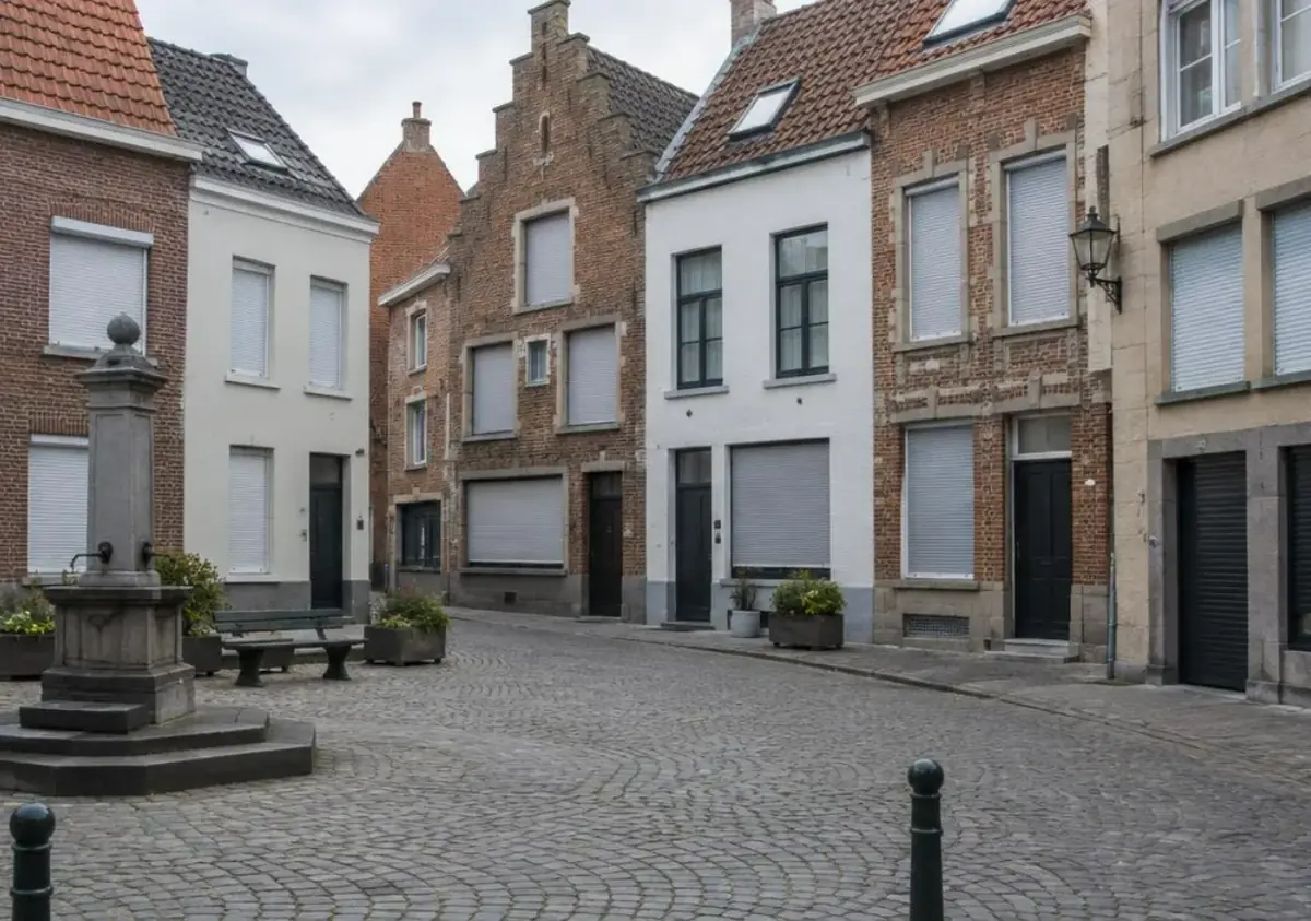 Petite place pavée d'une ville belge avec façades étroites et volets roulants, vue de rue