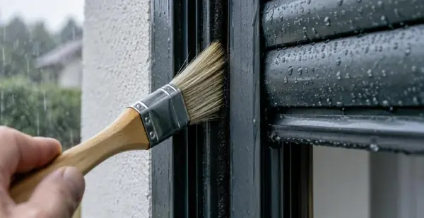 Pinceau à poils souples nettoyant le joint brosse d'une coulisse de volet sous la pluie fine