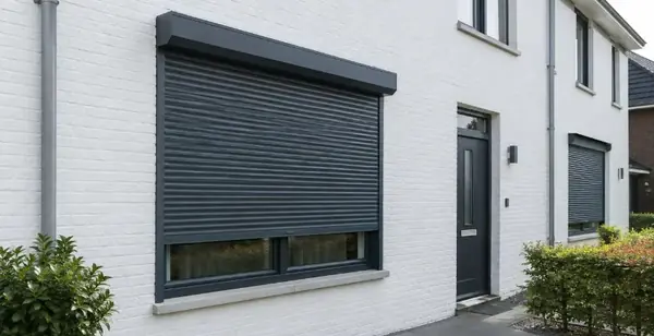 Volet roulant aluminium anthracite neuf sur une maison de ville en briques peintes en blanc