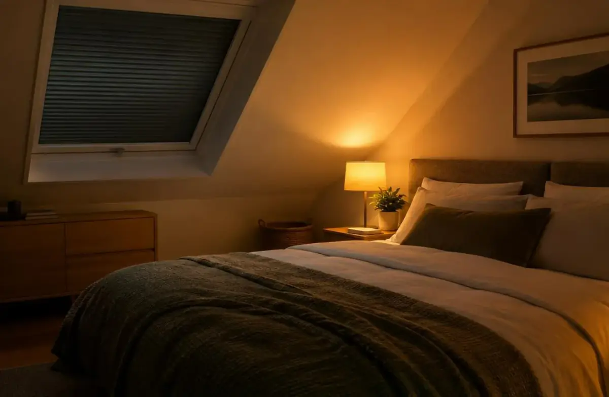 Chambre au grenier avec fenêtre de toit et volet électrique fermé, lampe de chevet allumée le soir
