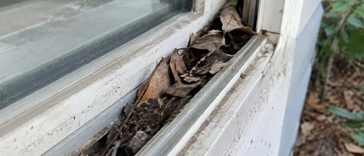 Gros plan sur une coulisse latérale encrassée de feuilles et de terre au bas d'une fenêtre