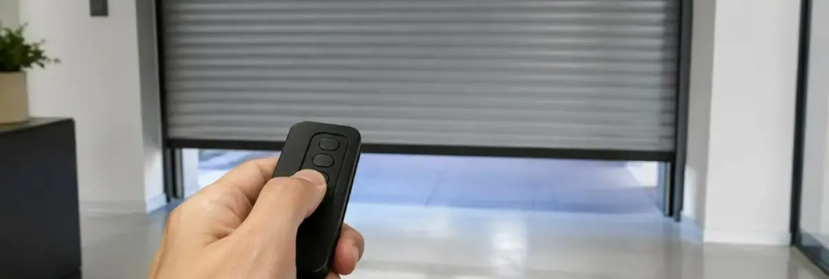 Main tenant une petite télécommande radio à plusieurs canaux devant un volet roulant baissé, intérieur moderne