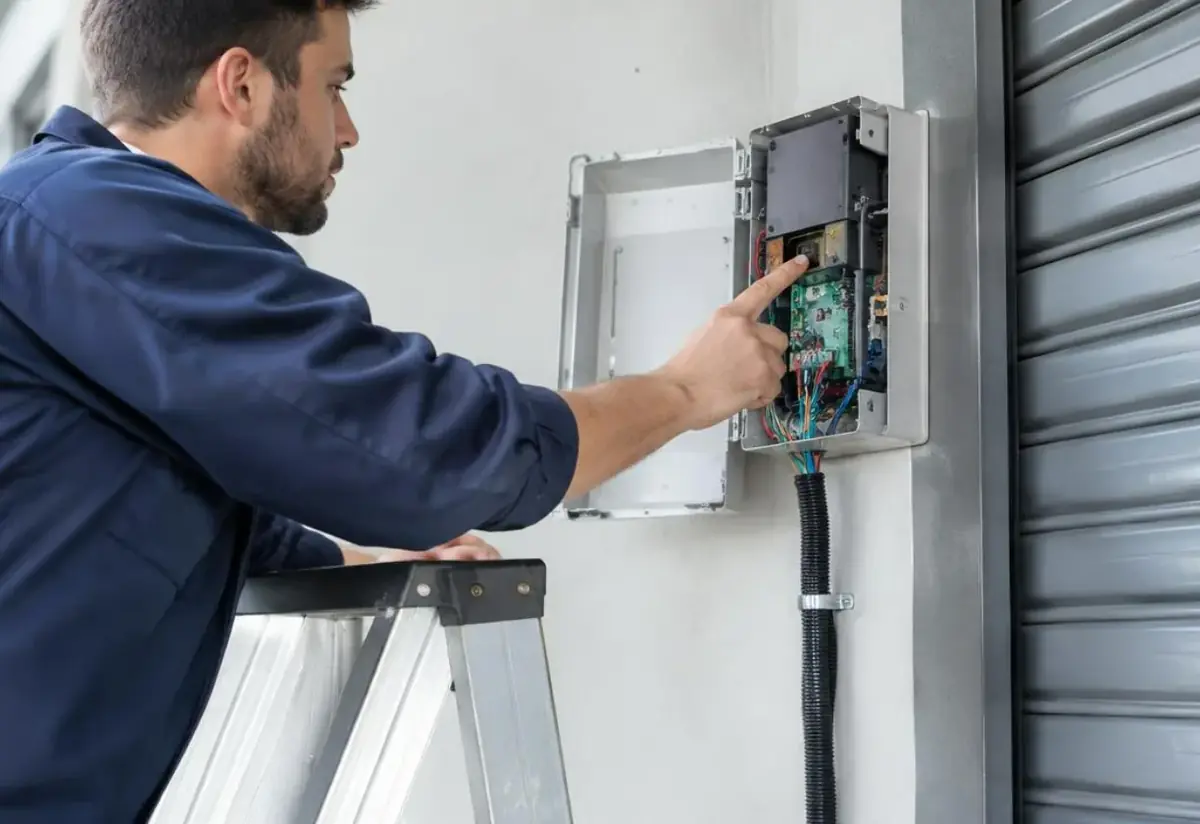 Technicien sur une échelle appuyant sur le bouton de programmation d'un moteur de volet, coffre ouvert