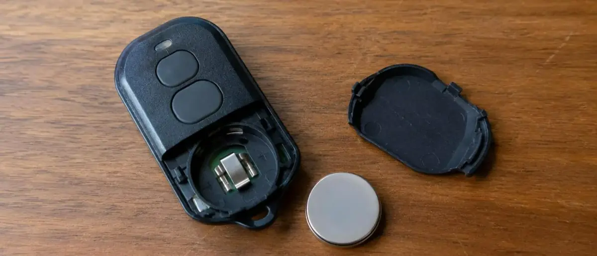Télécommande ouverte avec sa pile bouton retirée, posée sur une table en bois