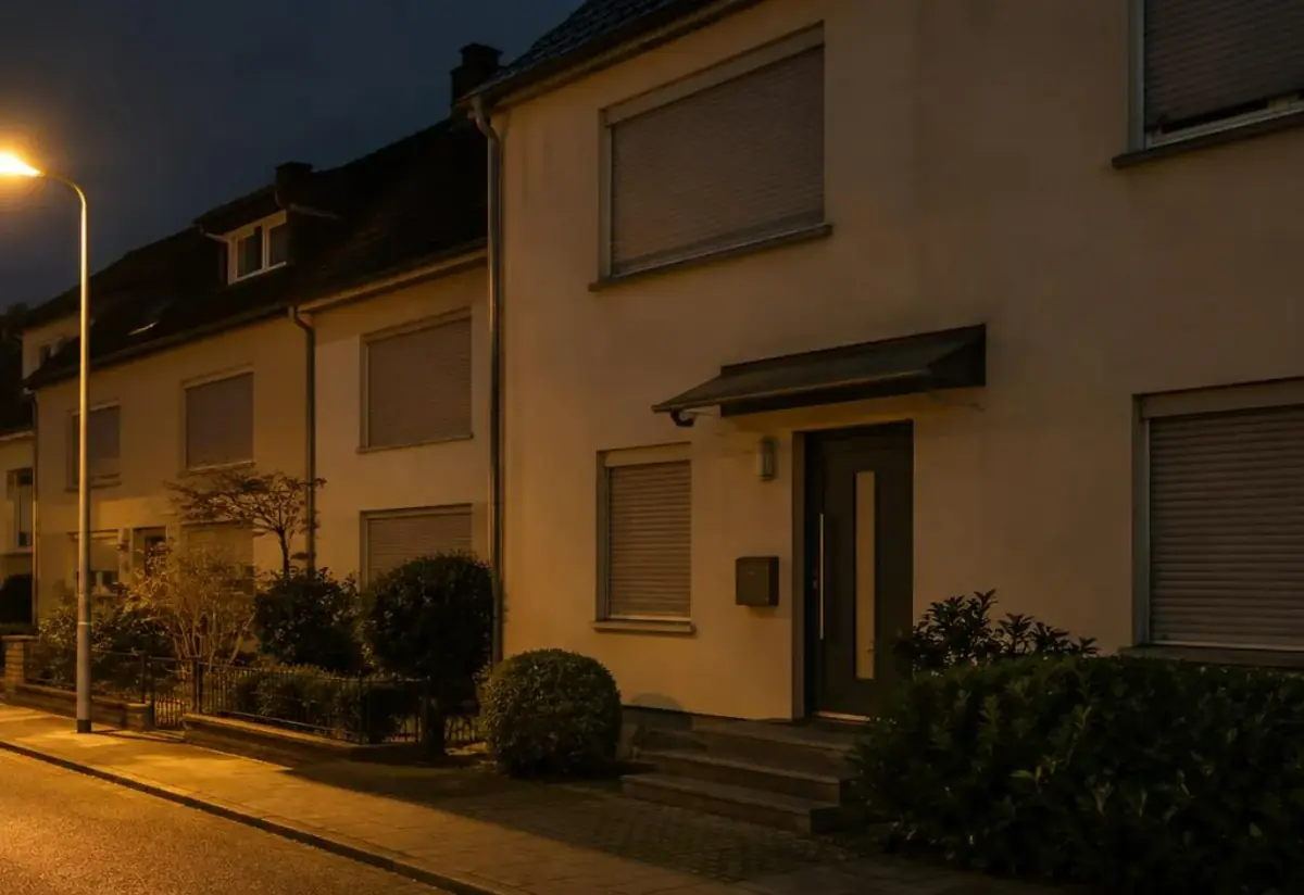 Maison de ville le soir, volets roulants fermés, lumière d'un réverbère, ambiance calme