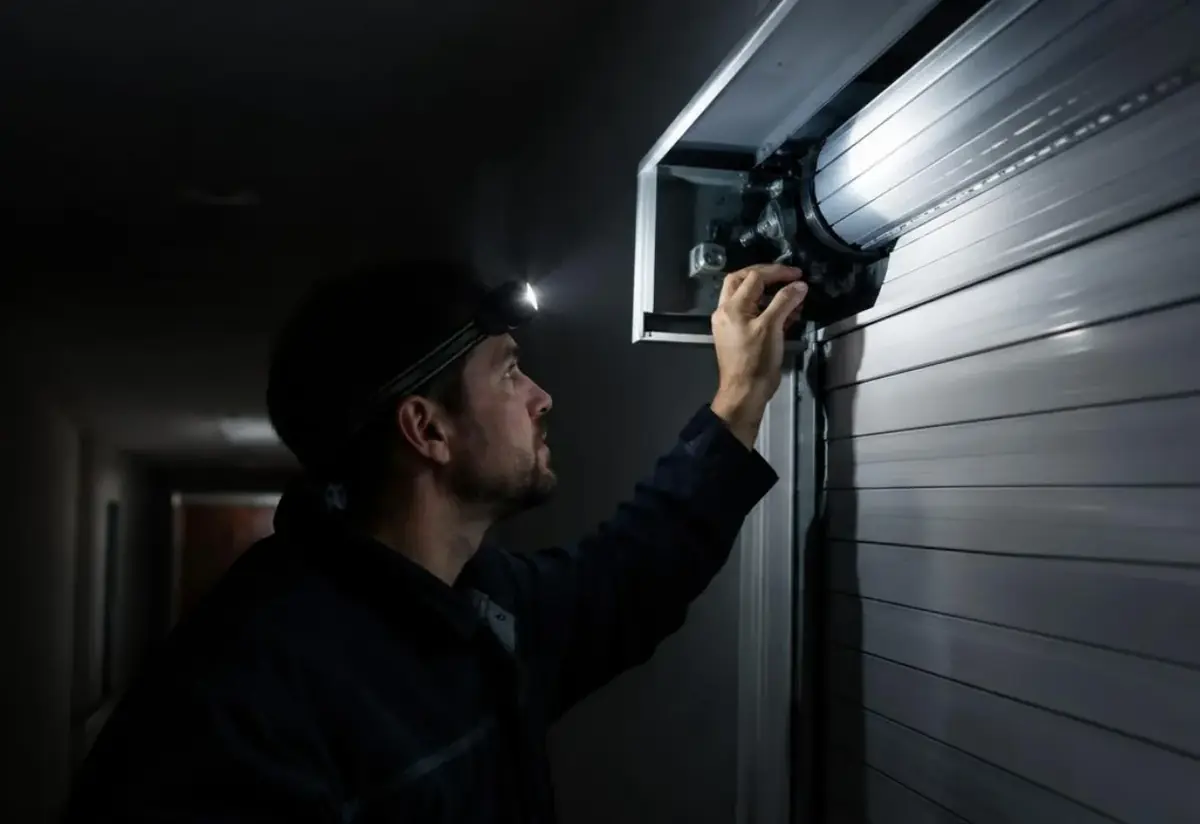 Technicien tenant une lampe frontale pour inspecter l'intérieur d'un coffre de volet dans un couloir sombre