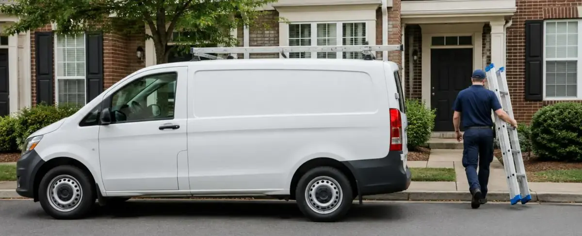 Camionnette blanche sans marquage garée devant une maison de ville, technicien portant une échelle