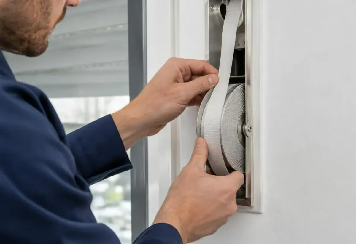 Technicien contrôlant l'enroulement d'une sangle sur l'enrouleur encastré dans le mur, intérieur