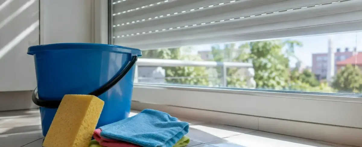 Seau, éponge et chiffons au pied d'une fenêtre à volet roulant, nettoyage de printemps
