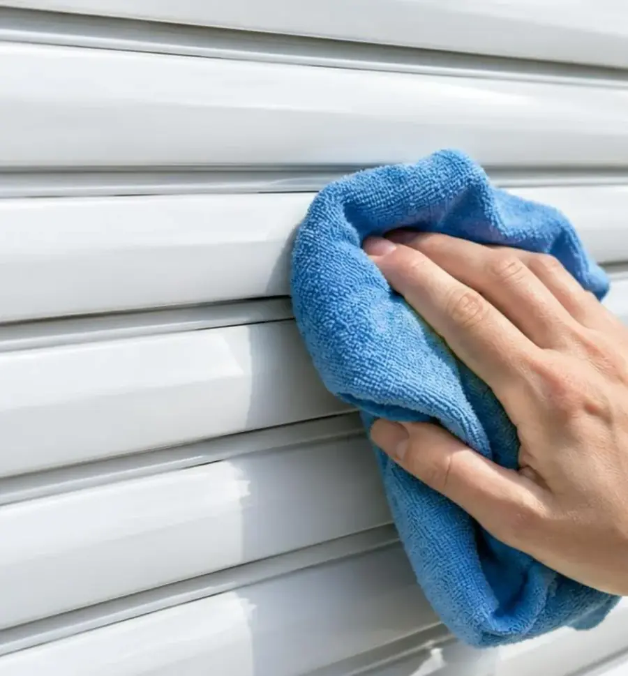 Lames de volet roulant blanches nettoyées avec un chiffon microfibre bleu, gros plan