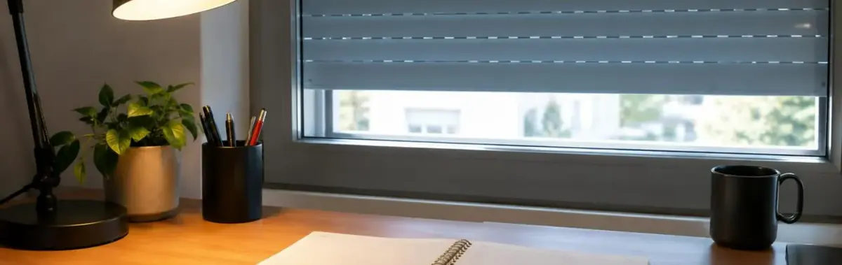 Bureau d'entreprise avec agenda papier ouvert et lampe, fenêtre au volet roulant baissé à moitié