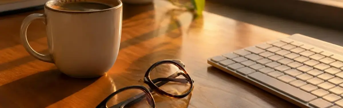 Tasse de café et lunettes posées à côté d'un clavier, lumière de fin de journée