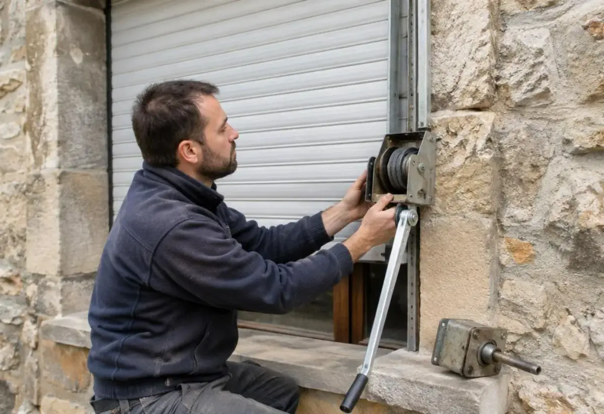 Technicien remplaçant le treuil d'un volet manuel dans l'embrasure d'une fenêtre en pierre