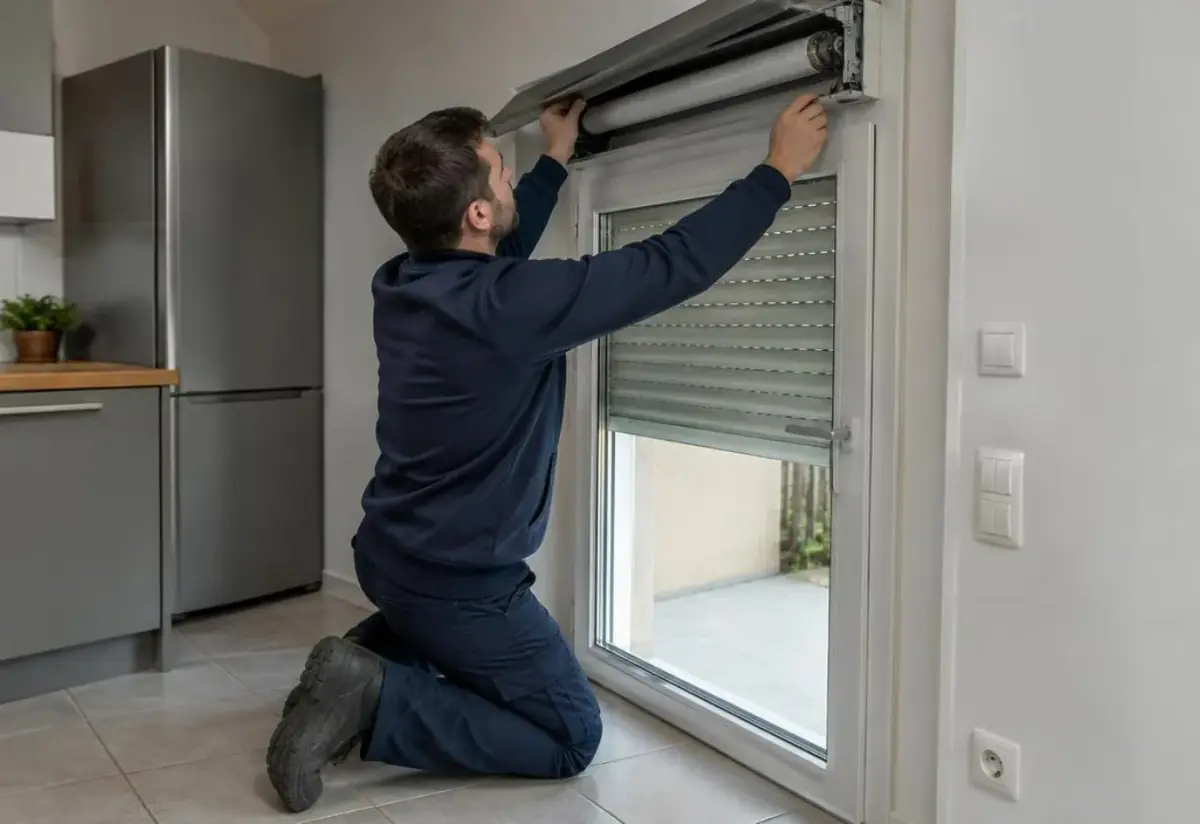 Technicien à genoux sur un carrelage, ouvrant le caisson intérieur d'un volet au-dessus d'une porte de cuisine