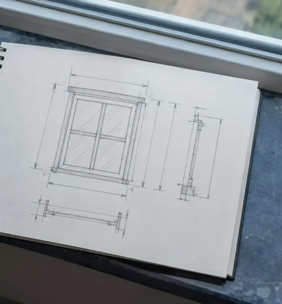 Carnet de croquis avec cotes de fenêtre et crayon posés sur un appui en pierre bleue